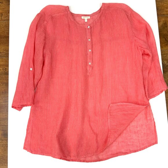 Eileen Fisher Linen 3/4 Sleeve Tunic Henley Shirt Striped Sz L - Picture 13 of 16